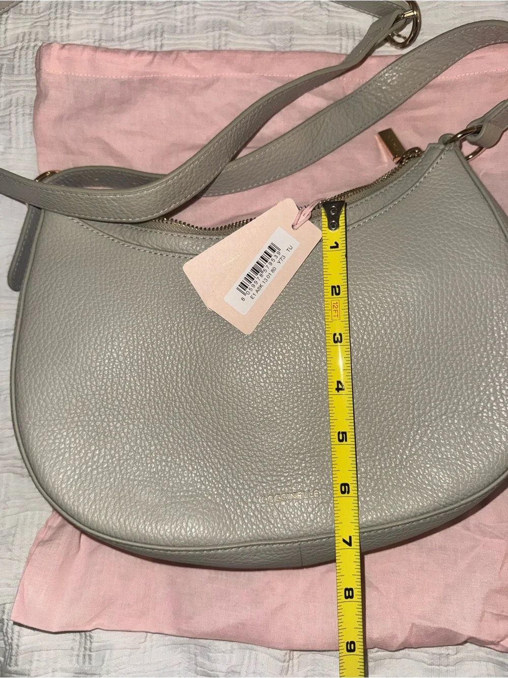 Coccinelle  Italian  Leather Crescent Shoulder Bag in Light Gray